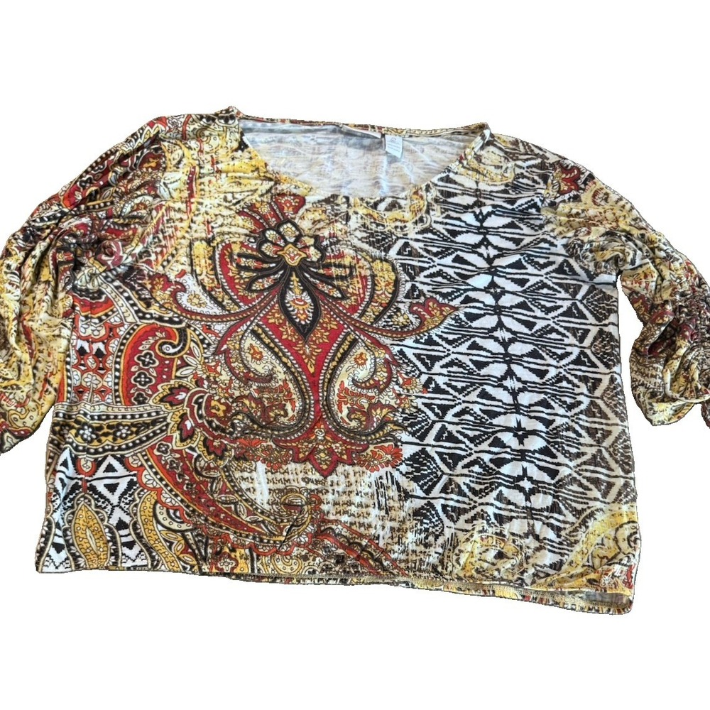 Chicos 2 Womens Medium Paisley Geometric Long Sleeve Top Rayon Boho Tie Cuff